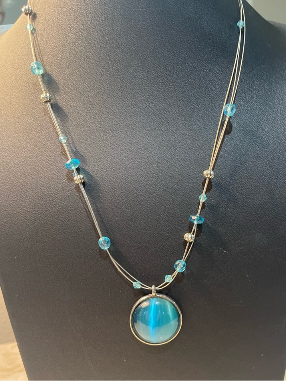 Blue Glass Pendant Necklace with Beaded Accent